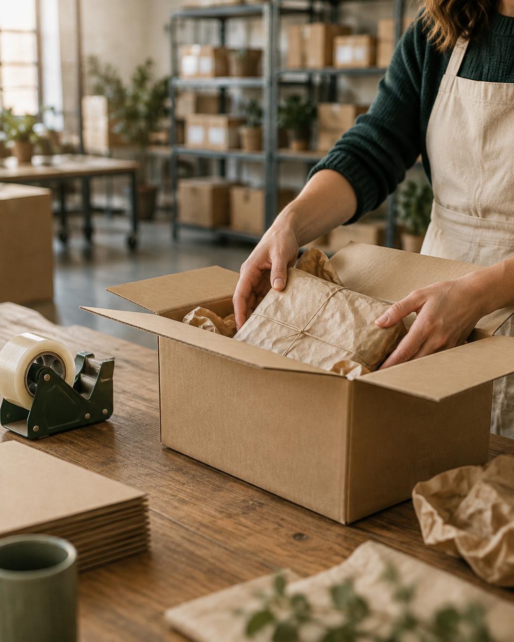 Hands packing an order into a kraft shipping box